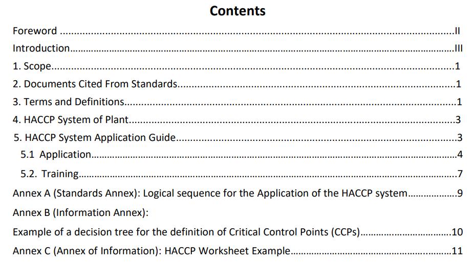 Hazard Analysis and Critical Control Point (HACCP) System and Guidelines for Its Application-2, Chinese food standard and regulation, Table of contents